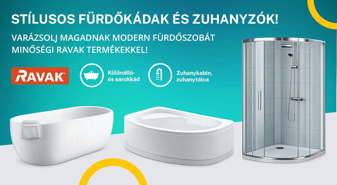 Ravak zuhanykabin, zuhanytálca, sarokkád, és különálló kád nagy vlasztékával vár webáruházunk! Kiszállítás az ország minden pontjára!