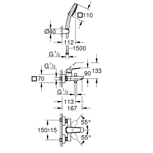 Grohe Cubeo zuhany csaptelep + Tempesta Cube 110 zuhanyszett fali zuhanytartóval, matt fekete (1018142430)