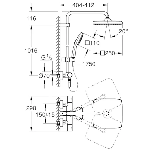 Grohe Tempesta System 250 Cube Termosztátos zuhanyrendszer, Tempesta 250 Cube fejzuhany, matt fekete (266892431)