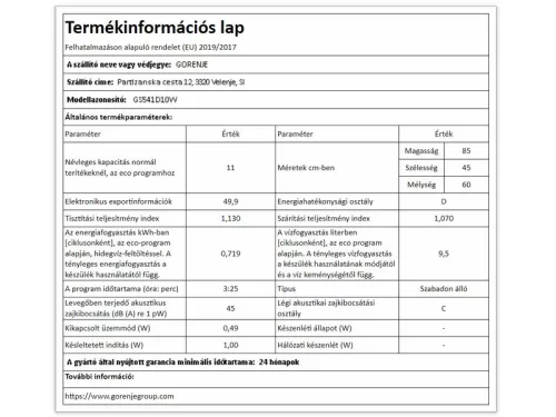 Gorenje GS541D10W mosogatógép    45cm
