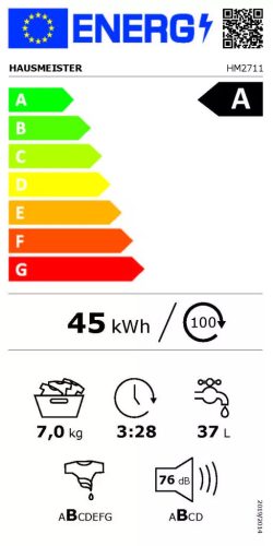 Hausmeister HM2711 keskeny elöltöltős mosógép, 7 kg, 1200 centrifuga, INVERTER