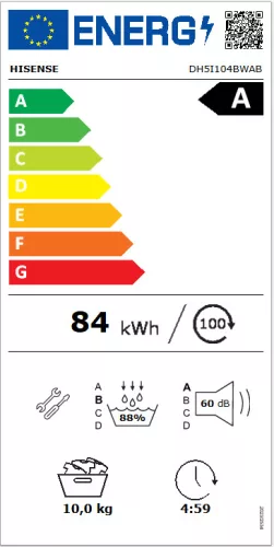 Hisense DH5I104BWAB hőszivattyús szárítógép, 10 kg, WIFI ConnectLife, 18 program, inverter motor, StableTech oldalfalak