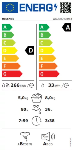 Hisense WD3S8043BB3 elöltöltős mosó-szárítógép, fekete, gőzprogram, 8/5kg, 1400 f/p, kondenzációs