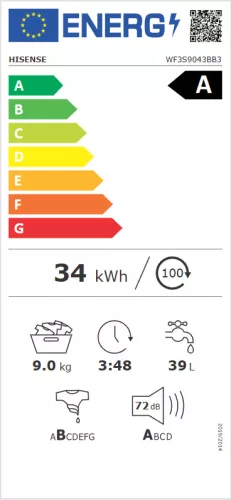 HISENSE WF3S9043BB3 Elöltöltős mosógép, 9 kg kapacitás