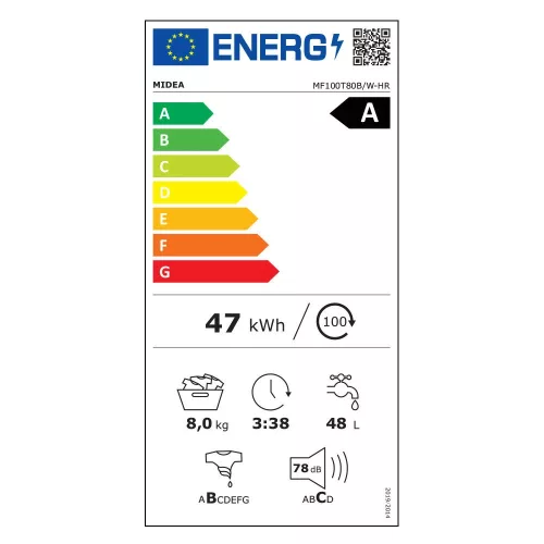 MIDEA MF100T80B/W-HU Mosógép felültöltős keskeny 8 kg A fehér (MF100T80B/W-HU)