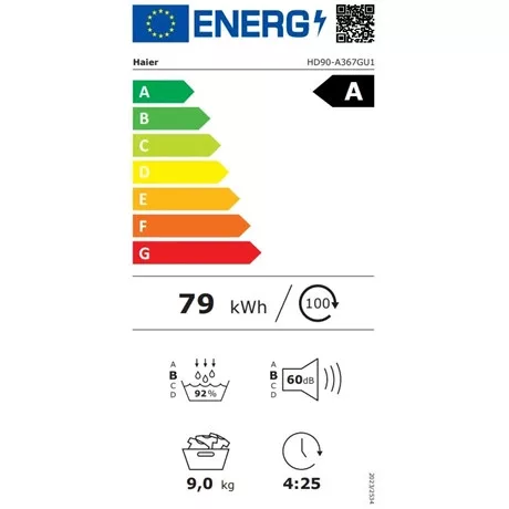 Haier SZÁRÍTÓGÉP HŐSZIVATTYÚS, 9 KG, INVERTER HD90-A367GU1-S