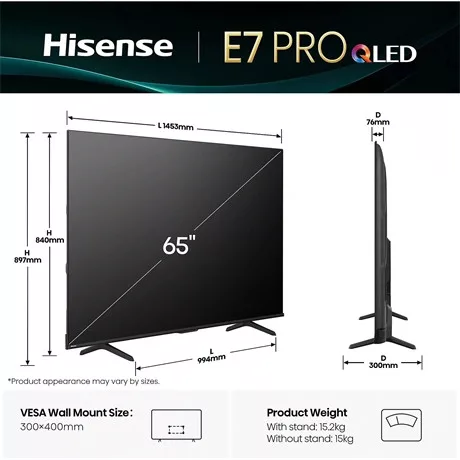 Hisense TV 65" 4K UHD SMART QLED 144Hz 65E7Q PRO