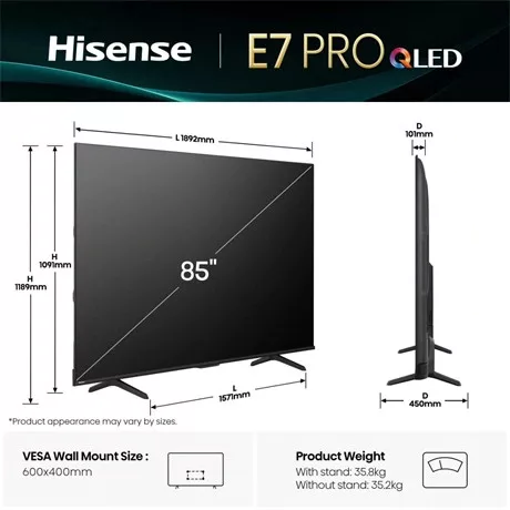 Hisense UHD SMART QLED TV 144Hz 85E7Q PRO